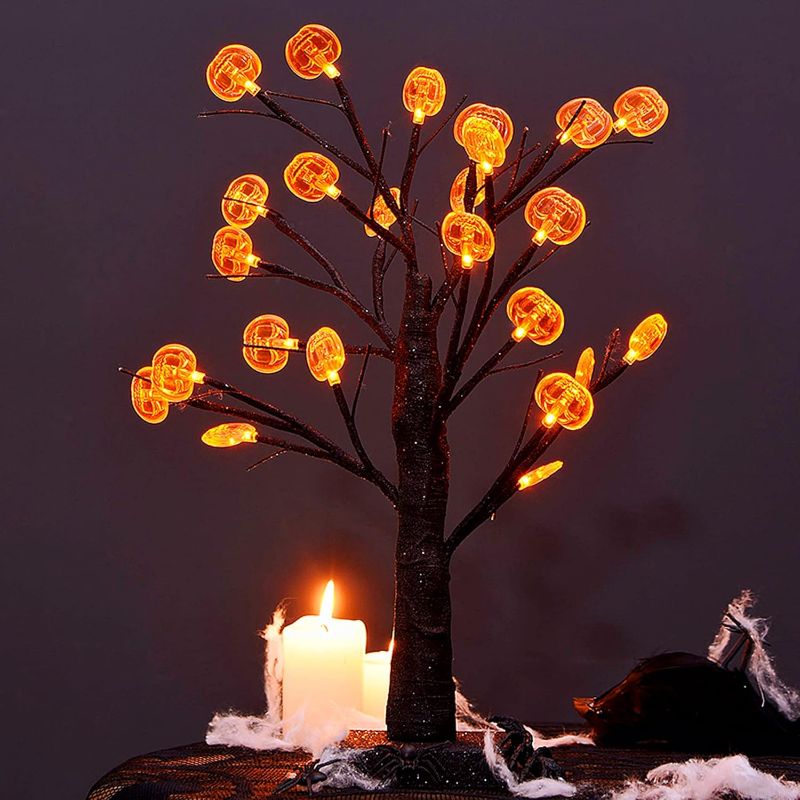 Photo 1 of 24 LED Lighted Halloween Tree, Battery Operated Birch Tree with 24 DIY Pumpkins, Indoor Home Table Desktop Best Halloween Decorations Gift Package With Spider Webs