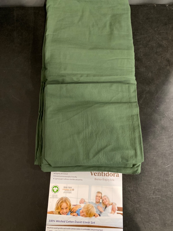 Photo 2 of Ventidora Green 3 Piece Duvet Cover Set Queen Size,100% Organic Washed Cotton Linen Feel Like Textured, Luxury Soft and Breatheable Bedding Set with Zipper Closure(1 Comforter Cover + 2 Pillowcases)