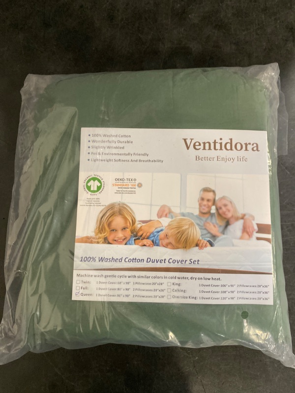 Photo 3 of Ventidora Green 3 Piece Duvet Cover Set Queen Size,100% Organic Washed Cotton Linen Feel Like Textured, Luxury Soft and Breatheable Bedding Set with Zipper Closure(1 Comforter Cover + 2 Pillowcases)