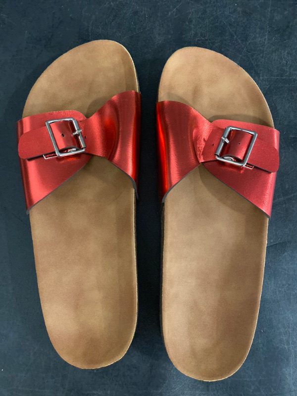 Photo 1 of 9.5Womens Flat Slide Sandals with Arch Support Single Band Adjustable Buckle Slip on Slides Shoes Non Slip Cork Sole