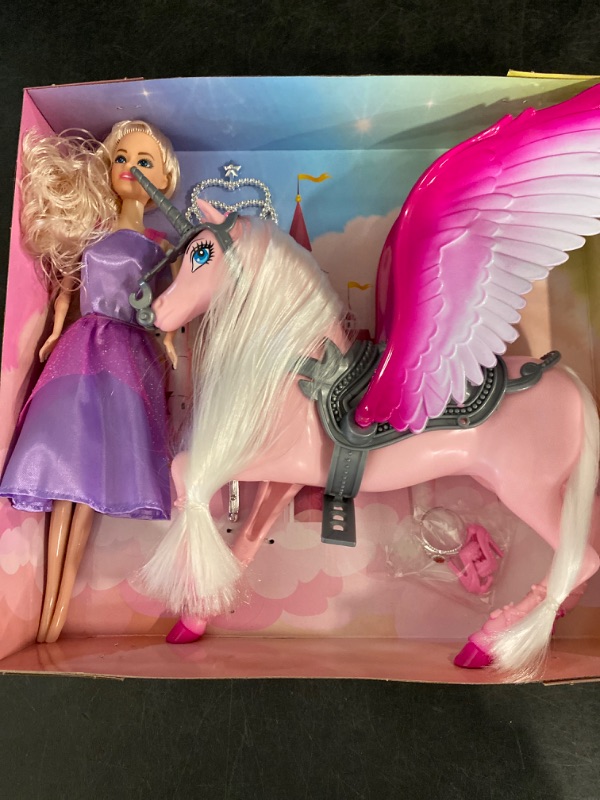 Photo 2 of Color Changing Unicorn & Princess Doll, Color Change on Whole Unicorn Under Sunshine, 11.5'' Princess Doll Toy, Unicorn Toys with Removable Saddle & Wings