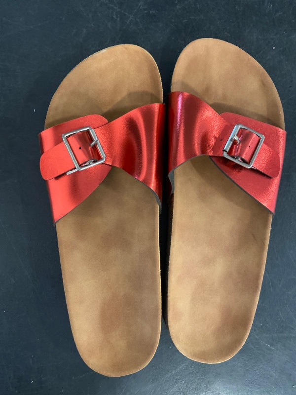 Photo 1 of 9.5 Women's 100% Genuine Leather Sandals - Comfortable Smart Foam Footbed, Slip-On Slides for Summer Wear, Adjustable Fit and Durable Non-Slip Sole
