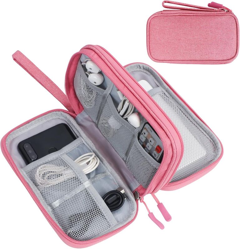 Photo 1 of  Electronic Organizer, Travel Bag, Pouch, Carry Case Portable Waterproof Double Layers for Cable, Cord, Charger, Phone, Earphone Pink