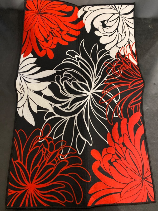 Photo 2 of Black Red Floral Antifatigue Kitchen Bath Door Mat Cushioned Runner Rug, Washable Welcome Floor Sink Mat, Abstract Black Background Waterproof & Non-Slip Comfort Standing Doormat for Kitchen, 18"x30"