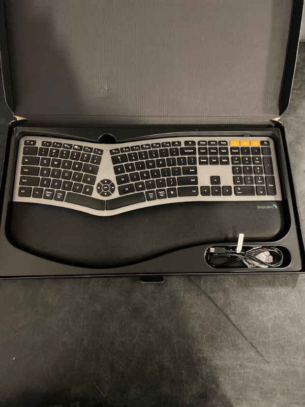 Photo 2 of ProtoArc Backlit Wireless Ergonomic Keyboard, EK01 Plus Full Size Ergo Keyboard with Wrist Rest, Split Design, USB-C Charging, Bluetooth and USB, Natural Typing Compatible with Windows/Mac/Android