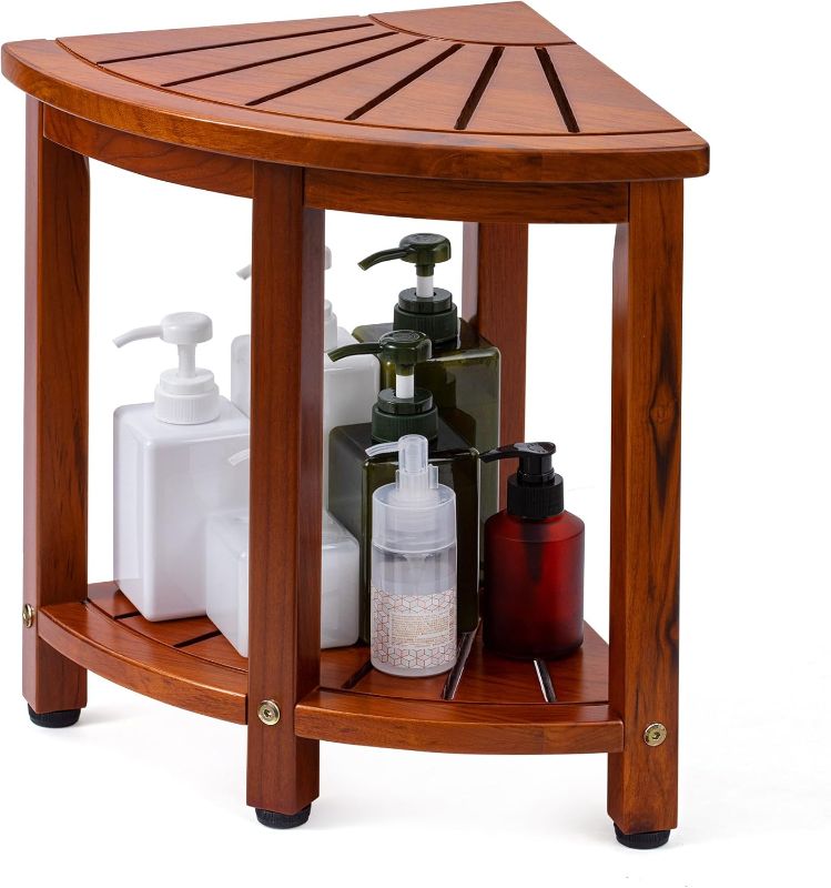 Photo 1 of Teak Corner Shower Stool for Shaving Legs with Storage Shelf | Teak Shower Foot Stool for Small Shower Spaces Waterproof 2-Tier Wood Spa Seat Bathroom Bench for Indoor and Outdoor Use