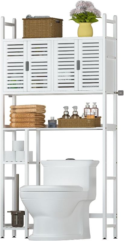 Photo 1 of Over The Toilet Storage Cabinet with Toilet Paper Holder Stand,Bamboo Bathroom Organizer Shelf with Four Door and Waterproof Feet Pad,Space Saver Storage Rack with Anti-Tip Design (White)