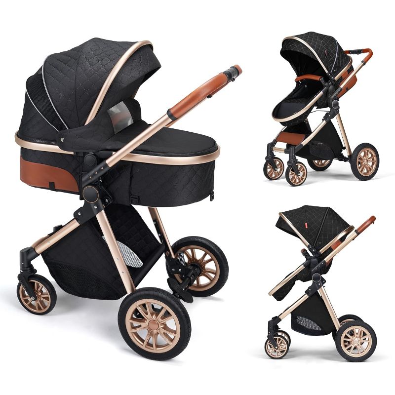 Photo 1 of 3 in 1 Baby Travel System Infant Baby Stroller Pushchair High Landscape Reversible Foldable Portable Stroller Newborn Pram Reclining Baby Carriage (2in1 Black)