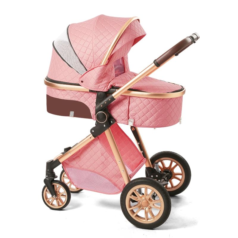 Photo 1 of 3 in 1 Baby Travel System Infant Baby Stroller Pushchair High Landscape Reversible Foldable Portable Stroller Newborn Pram Reclining Baby Carriage (2in1 Pink)