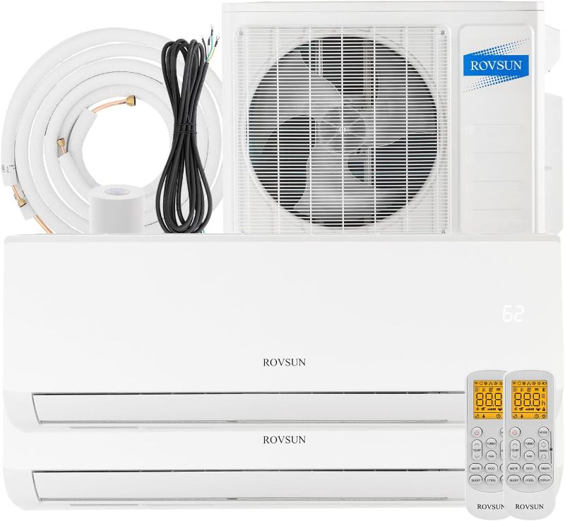 Photo 1 of ROVSUN 2 Zone 9000 + 9000 BTU Mini Split AC/Heating System, 19 SEER2 Dual Zone 18000 BTU Ductless Wall Air Conditioner with Pre-Charged Condenser, Heat Pump & 25Ft Line Set, 208-230V