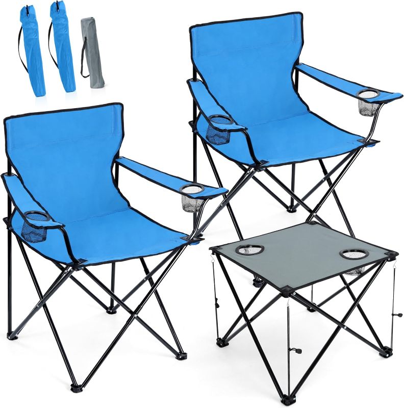 Photo 1 of Folding Camping Chair with Table Outdoor Lawn Chairs Portable Beach Camp Table Set of 3