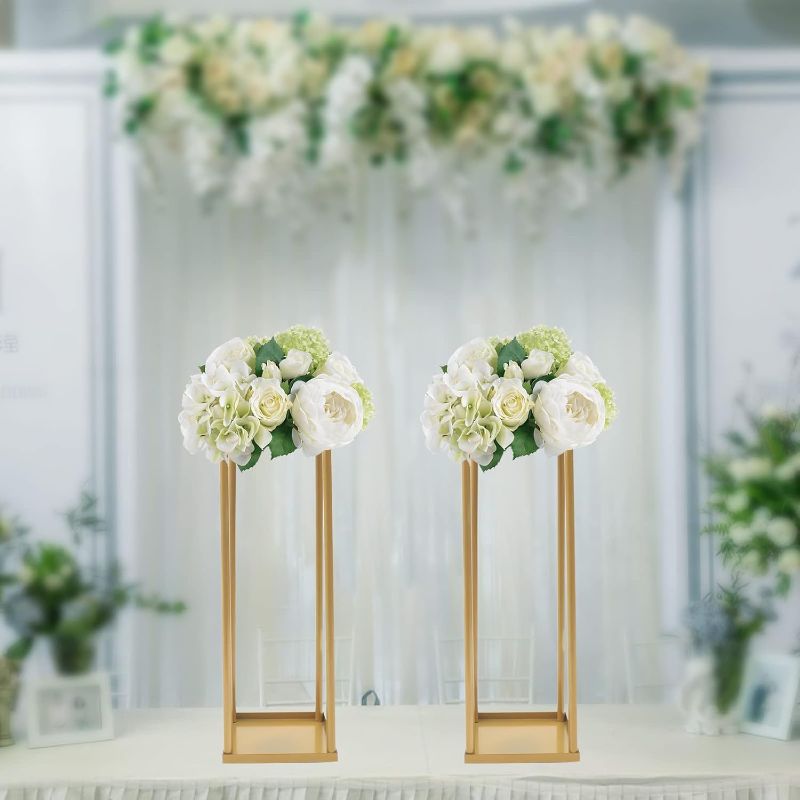 Photo 1 of Flower Rack Flower Stand for Wedding Vase Stand Prop Metal Art Geometric Column Wedding Metal Flower Stand Wedding Party Decor Square Rack for Wedding Centerpiece Decor Gold (2Pcs)