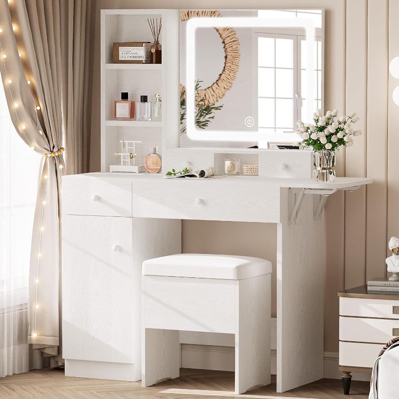 Photo 1 of Vanity Desk with Drawers & LED Lighted Mirror & Power Outlet & Cabinet, Storage Stool, Stylish Bedroom Makeup Table Set, White