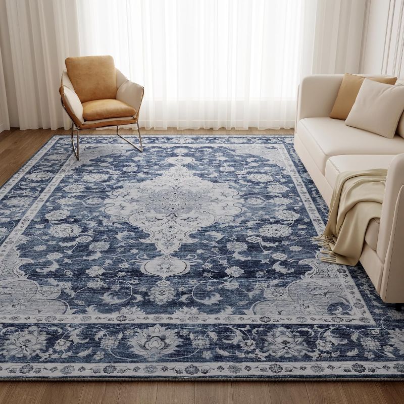 Photo 1 of DUKINO 9x12 Area Rugs, Non Slip Distressed Living Room Rugs, Soft Large Washable Area Rugs with Low Pile & No Shedding, Faux Wool Rugs for Bedroom Aesthetic, Dining Room, Blue