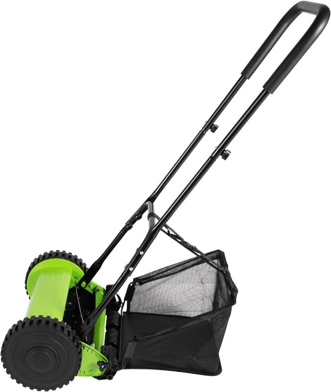 Photo 1 of 18-inch manual lawn mower, walk-behind mower, manual reel mower, dual wheel mower sweeper, adjustable height with removable grass collector, 5 blades., Green, Black, 98554