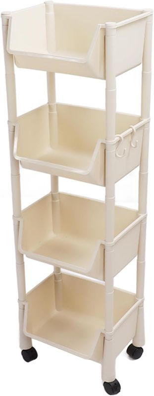 Photo 1 of 4-Tier Rolling Utility Cart, Plastic Utility Organizer Cart Storage Shelves, Multifunctional Mobile Rolling Storage Trolley with Wheels for Kitchen, Bathroom, Living Room