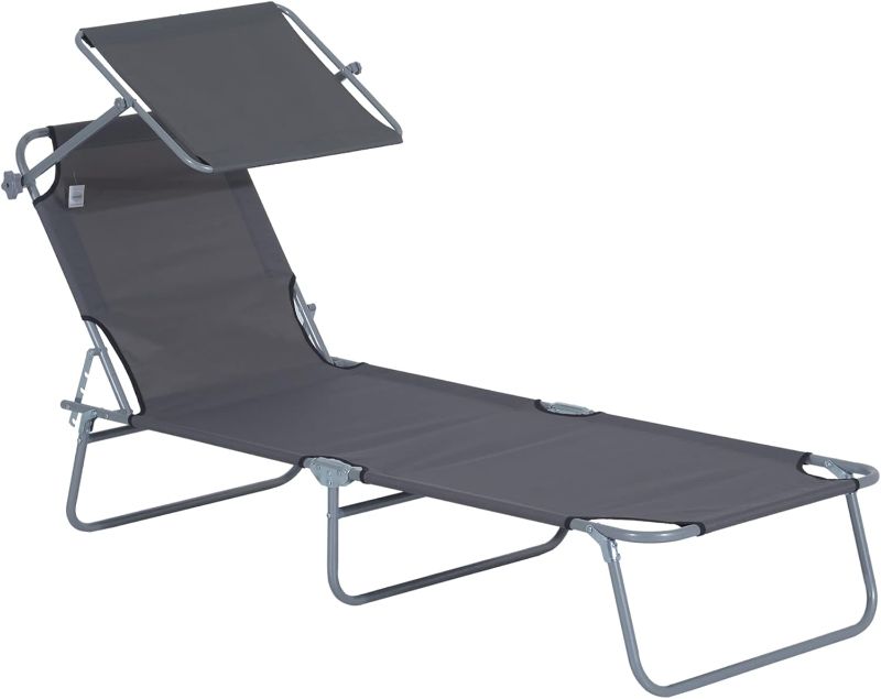 Photo 1 of Outsunny Outdoor Lounge Chair, Adjustable Folding Chaise Lounge, Tanning Chair with Sun Shade for Beach, Camping, Hiking, Backyard, Gray