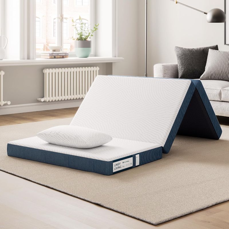 Photo 1 of LINSY LIVING Twin Size Folding Mattress with Extra Waterproof Cover, 4 Inch Tencel Trifold Mattress, Twin Memory Foam Mattess, Foldable, Portable, Easy Storage Sofa Bed, Twin Size, 74" * 38"