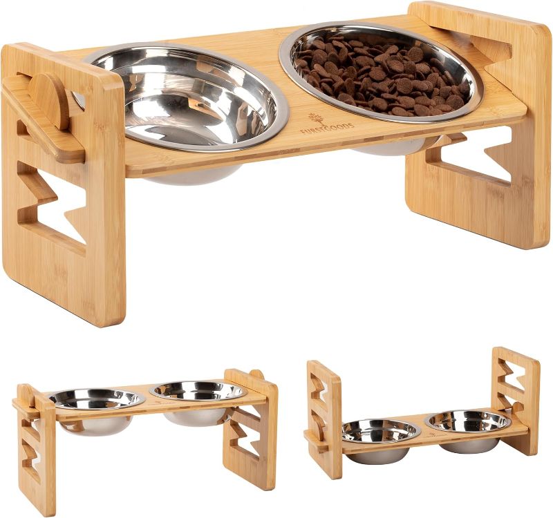 Photo 1 of Elevated Dog Bowl Stand - 4 Level Adjustable Dog Food Bowl Stand - Non-Slip Bamboo Elevated Dog Bowl Stand - 2X Stainless Steel Bowls Included - Pet Bowl Stand for Cats & Dogs