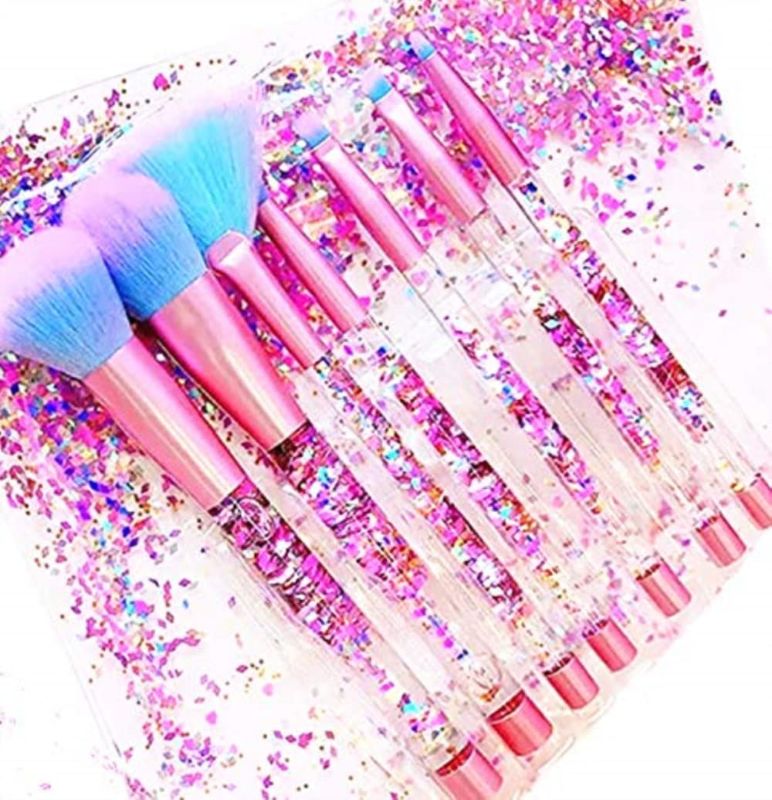 Photo 1 of Unicorn Fan Makeup Brush Set,Crystal Sparkles Blue Blush Powder Fan Lip Eye Shadow Eyebrow Eye Blender Brush in Set Of 7 x2