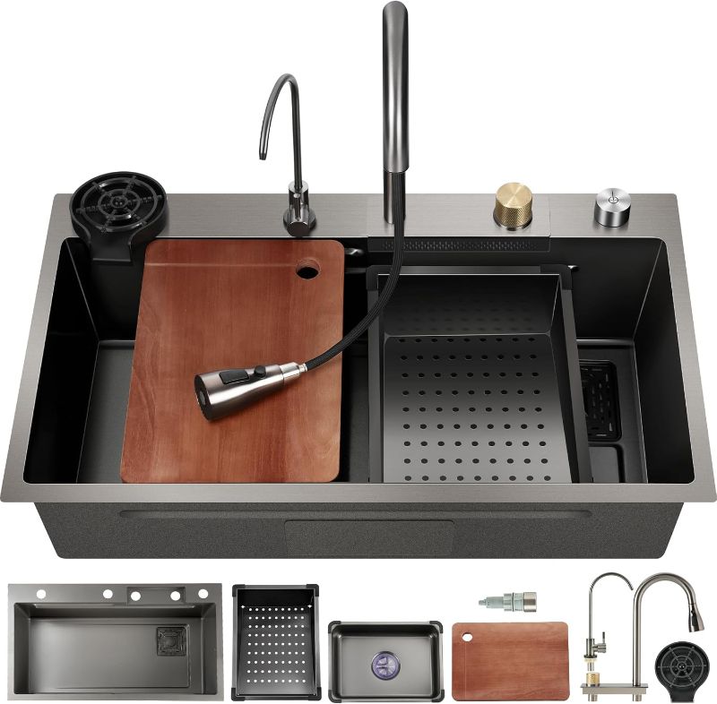 Photo 1 of Rengue 32''x18'' Waterfall Kitchen Sink, Drop In Kitchen Sink Single Bowl, Gray 304 Stainless Steel Kitchen Sink Workstation with Pull-Out Faucet and Multiple Accessories Gray (31.49×17.77×8.66 inch)