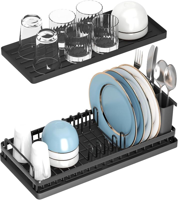 Photo 1 of Small Dish Drying Rack, Compact Sink Dish Rack with 2pcs Silicone Drying Mats, Dish Drainer Kitchen Dish Organizer Sponges Holder for Kitchen Counter, Bar, Bottle, Cup