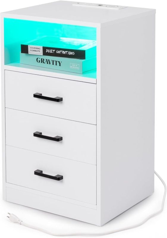 Photo 1 of 3 Drawers Nightstand with Wireless Charging Station for Bedroom, Bedside Table with LED Lights and Storage, End Table for Living Room, AC Outlets USB Ports, Bed Side Table, White