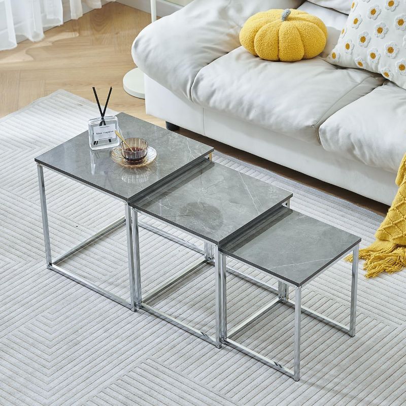 Photo 1 of Nest of Tables Set of 3,Nesting Coffee Tables, Square Top Side Table End Tables with Metal Frame for Living Room, Bedroom, Office