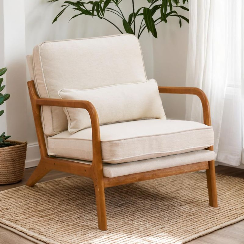 Photo 1 of Karl home Accent Chair Mid-Century Modern Chair with Pillow Upholstered Lounge Arm Chair with Solid Wood Frame & Soft Cushion for Living Room, Bedroom, Balcony, Beige (Low Back)