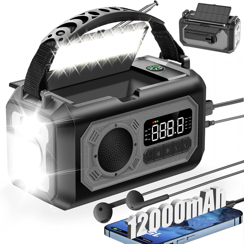 Photo 1 of 12000mAh Emergency Weather Radio, Hand Crank Radio Solar Radio Portable AM/FM/NOAA Radio with 2 Solar Panels 3 Charging Methods SOS Alarm 3 Mode Flashlight Phone Charger Compass Reading Lamp