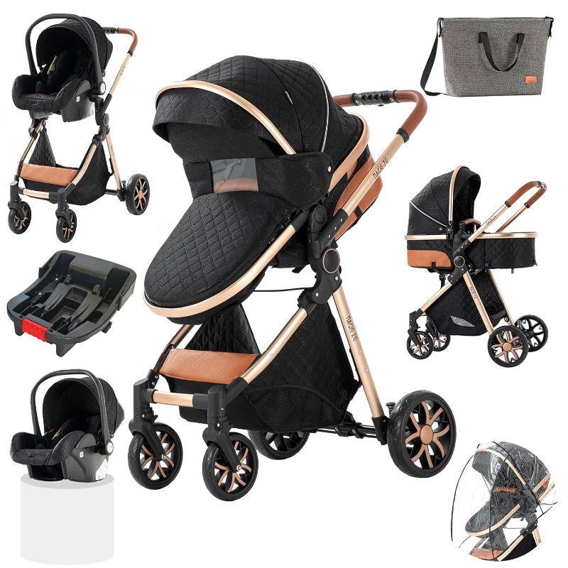 Photo 1 of 3 in 1 Baby Travel System Baby Pram Standard Baby Stroller Baby Travel Carriage Portable Folding Baby Prams Aluminium Frame High Landscape Car for Newborn (V9UD Black-65)