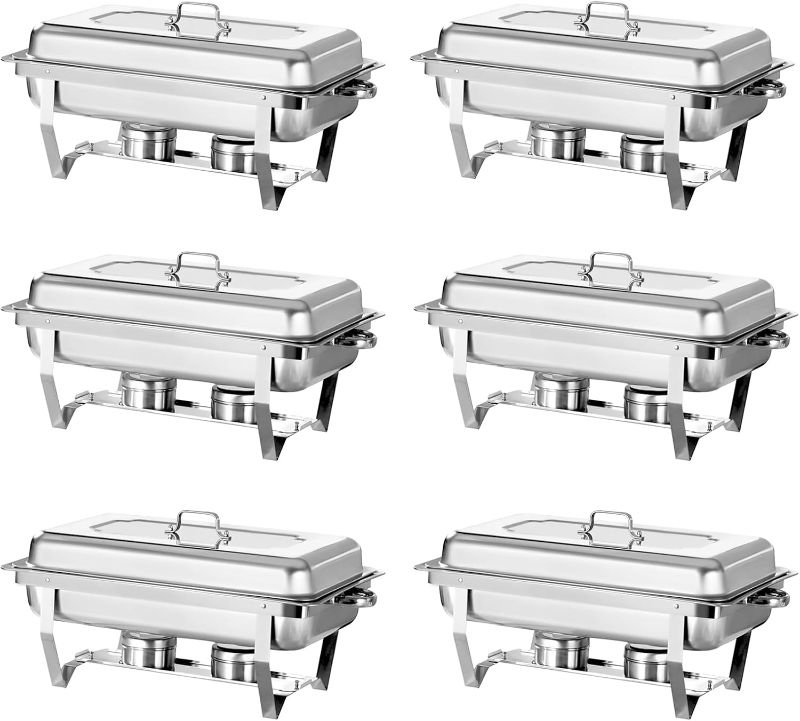 Photo 1 of 8 Qt 6 Pack Full Size Stainless Steel Chafing Dishes Buffet Set, Silver Rectangular Catering Chafer Warmer Set with Trays Pan Lid Folding Frame Stand for Kitchen Party Banquet Dining