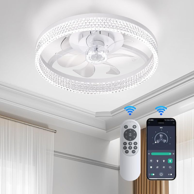 Photo 1 of Ceiling Fans with Lights and Remote:Low Profile Ceiling Fanwith Light,6 Wind Speeds Modern Smart Ceiling Fan 20 in Bladeless Ceiling Fan Flush Mount for Bedroom, Kids Room and Indoor (White)