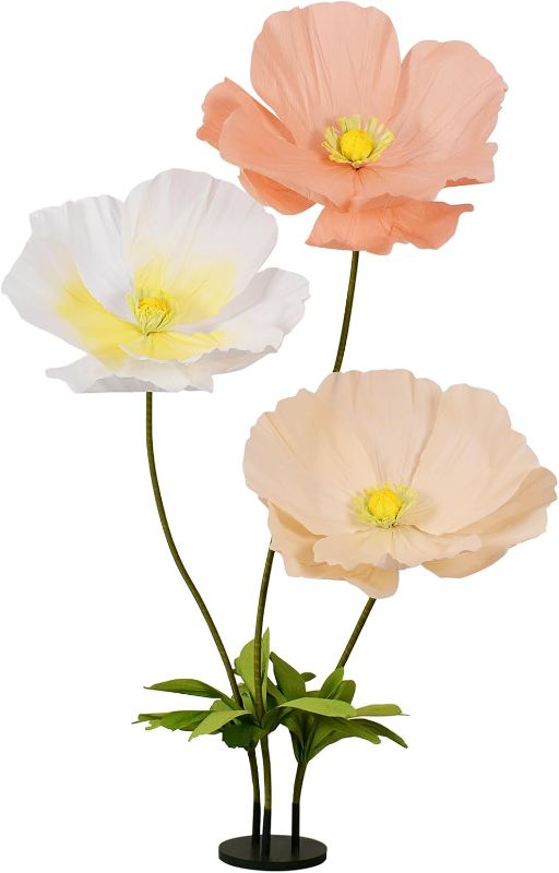 Photo 1 of Beamon Aftificial Flower, 5.58ft Tricolor Head Artificial Paper Poppy Flower Decoration, Wedding Decorations for Reception, Wedding Arrangements, Birthday Party Banquet Background Decor, Light Color