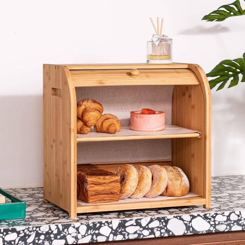 Photo 1 of Double Layer Large Bread Box for Kitchen Counter,Bamboo Large Capacity Bread Storage Bin,Counter-Large Capacity Bread Storage Container Farmhouse Bread Box with Flexible Sliding Door