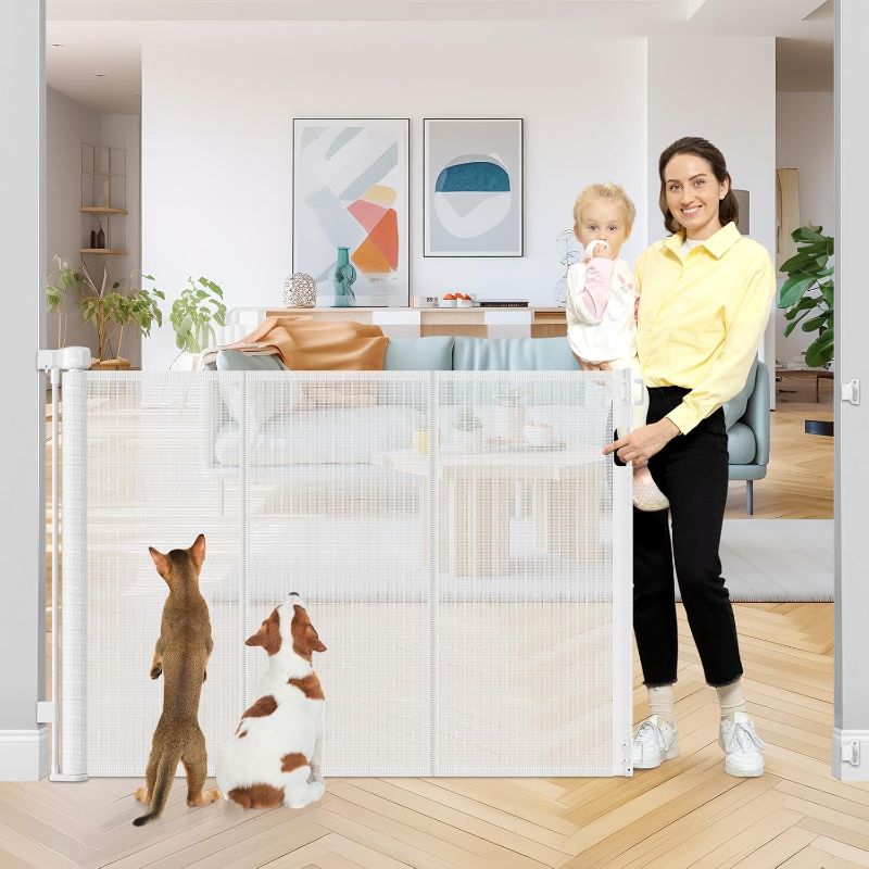 Photo 1 of Extra Tall Retractable Baby Gates with Reinforced Strips Outdoor Retractable Dog Gate Extra Tall Baby Gate for Doorways Retractable Baby Gate Extra Tall Retractable Mesh Gate for Kids and Pets