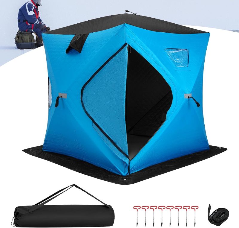 Photo 1 of Goplus Pop-Up Ice Fishing Tent, 2-Person Insulated Ice Shanty w/Cotton Padded Walls, Windows, Zippered Door, Air Vents, Carrying Bag, Anchors, Tie Ropes, Winter Ice Hose, Portable Ice Fishing Shelter