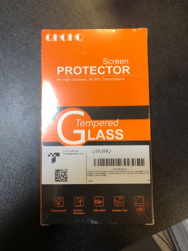 Photo 1 of 2 PCK QHOHQ 3 Pack Screen Protector for iPhone 15 Pro [6.1 Inch] with 3 Pack Camera Lens Protector, Tempered Glass Film, HD Clear, 9H Hardness, No Bubbles, Case Friendly
