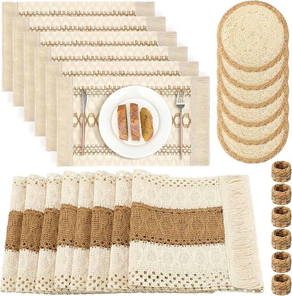 Photo 1 of 19 Pcs Boho Table Runner Placemat and Napkin Ring Set Woven Macrame Table Runner with Tassels 11.8 x 106.3 Inch Burlap Round and Rectangle Table Mat for Farmhouse Wedding Dining Table Decoration
