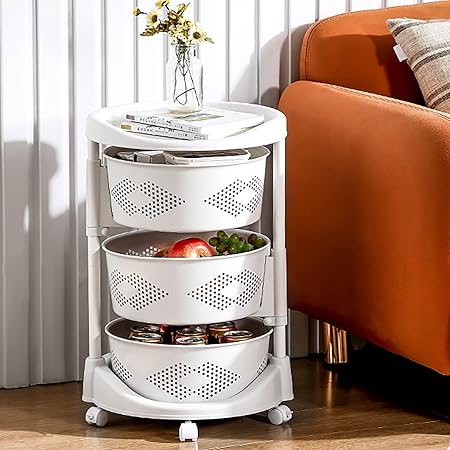 Photo 1 of  Multi-Layer Kitchen Storage Rack,3 Tier Rotating Vegetable Organizer With Lockable Casters,Floor-Standing Storage Rack,Household Storage Rack for Home Kitchen Bathroom Salon,White (3-Tier