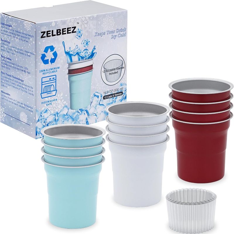 Photo 1 of Chill Aluminum Cups, Dishwasher Safe, 16 oz. Color Coated Cups, 100% Recyclable Aluminum Cups, Reusable and Disposable, Set of 12 Cups & Sleeves (Chill Blend)