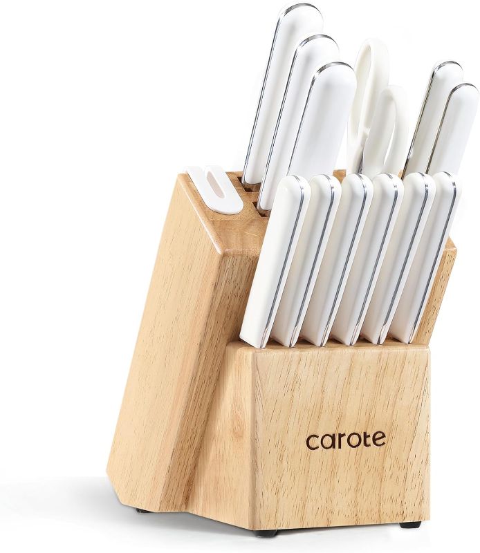 Photo 1 of CAROTE 14PCS Kitchen Knife Set with Block, Stainless Steel Blade Knife Block Set, Knife Set with Built-in Sharpener, Razor-Sharp,White