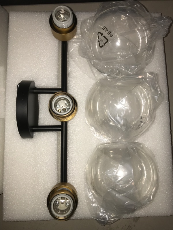 Photo 2 of VONLUCE Bathroom Light Fixtures, 3-Light Bathroom Vanity Light with Globe Glass Shades E26 Sockets, Bathroom Lights Over Mirror for Bedroom Hallway Living Room, Black & Gold Finish