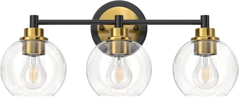 Photo 1 of VONLUCE Bathroom Light Fixtures, 3-Light Bathroom Vanity Light with Globe Glass Shades E26 Sockets, Bathroom Lights Over Mirror for Bedroom Hallway Living Room, Black & Gold Finish