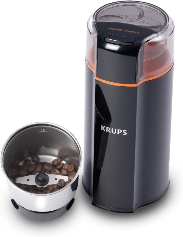 Photo 1 of KRUPS: 3oz Silent Vortex Coffee and Spice Grinder with Removable Bowl Easy to Use, 5 Times Quieter 175 Watts Coffee, Spices, Dry Herbs, Nuts, Dishwasher Safe Bowl, 12 Cup Black