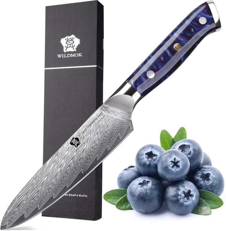 Photo 1 of WILDMOK Kitchen Utility Knife, 5 Inch Damascus Japan VG-10 Steel Kitchen Utility Knife, Sharp Kitchen Cooking Knife, Ergonomic Color resin handle Luxury Gift Box