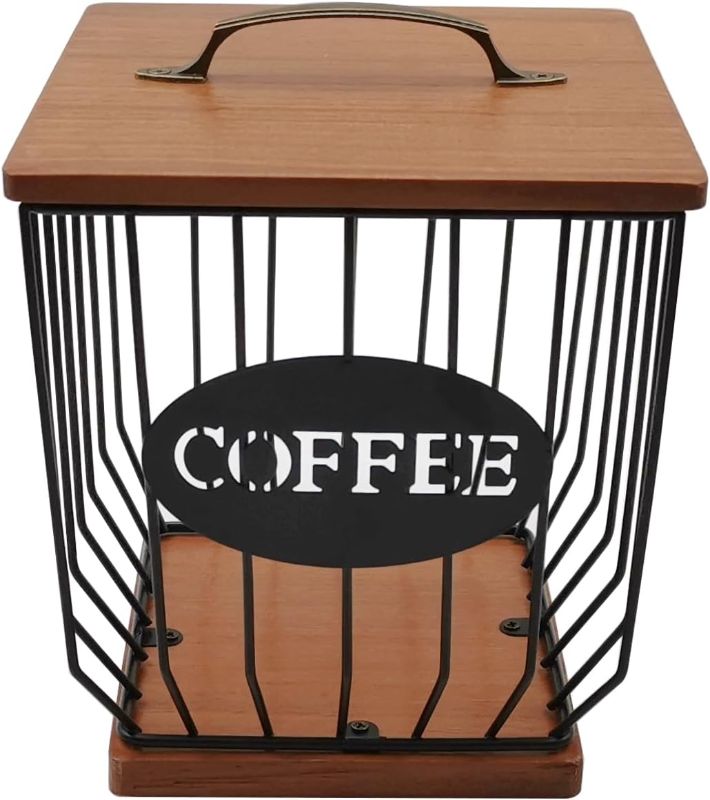 Photo 1 of Square Coffee Pods Holder with Wooden Lid and Base,Large Capacity Wire Coffee Pods Storage Basket for Home Cafe Bar Countertop Decor(Black)