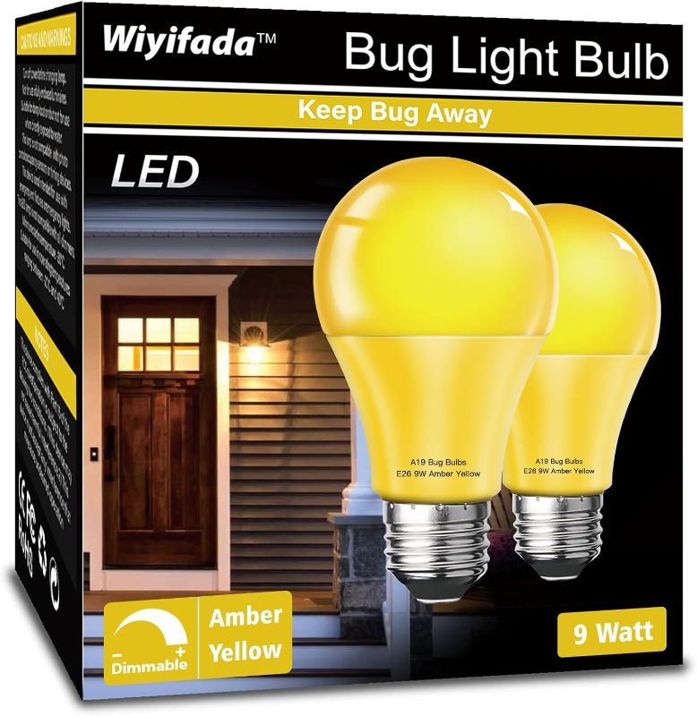 Photo 1 of LED Bug Light Bulbs Outdoor 2 Pack,Dimmable 9W Amber Yellow Bug Light Bulbs, 100W Equivalent,A19 Bug Lights for Outside, Bedroom, Hallway Porch Light,2 Pack