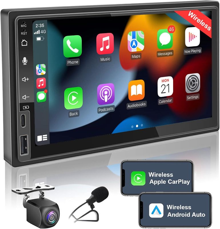 Photo 1 of 7 Inch Double Din Touchscreen Car Stereo with Wireless CarPlay & Android Auto, Bluetooth, Rearview Camera, Type C Fast Charge, Airplay, USB/SWC/AUX, AM/FM Radio