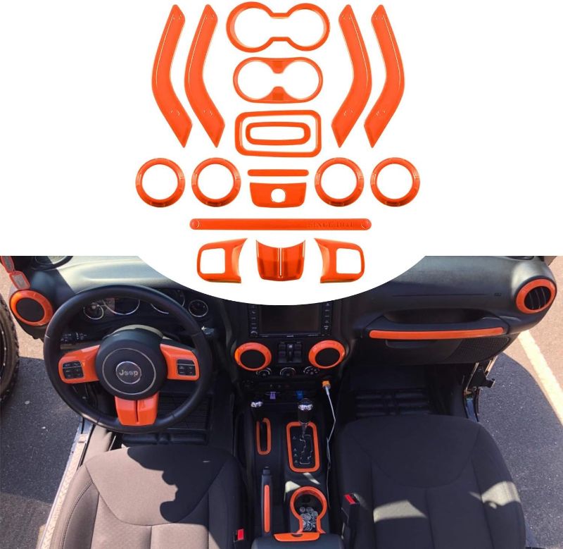 Photo 1 of Sunluway 18 PCS Full Set Interior Decoration Trim Kit - Steering Wheel & Center Console Trim, Gear Shift Knobs Frame & Air Outlet Cover Fit for Jeep Wrangler JK JKU 2011-2018 2&4 Door (Orange)